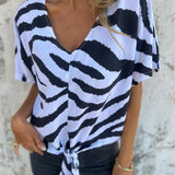 Women’s Blouse – Relaxed Fit – Tie-Front Waist – V-Neck – Short Sleeve – Breathable Blend