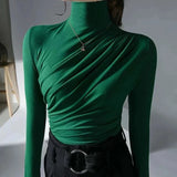 Women's Turtleneck Top - Fitted Stretch Fabric - Long Sleeve Ruched Detail
