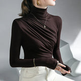 Women's Turtleneck Top - Fitted Stretch Fabric - Long Sleeve Ruched Detail