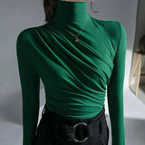 Women's Turtleneck Top - Fitted Stretch Fabric - Long Sleeve Ruched Detail