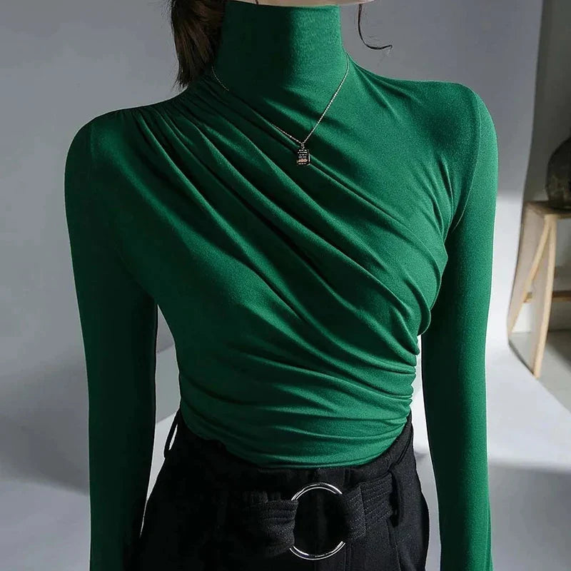 Women's Turtleneck Top - Fitted Stretch Fabric - Long Sleeve Ruched Detail