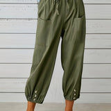 Women's Casual Trousers - Elastic Waist & Drawstring - Relaxed Fit - Buttoned Cuffs