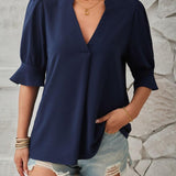 Women's Notched Neck Half Sleeve Blouse - Lightweight Casual Top