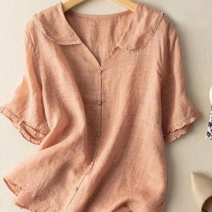 Women's cotton and linen retro short sleeved navy doll collar thin shirt