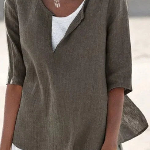 Women’s Blouse – Relaxed Fit – Layered V-Neck – Mid Sleeve – Breathable Blend