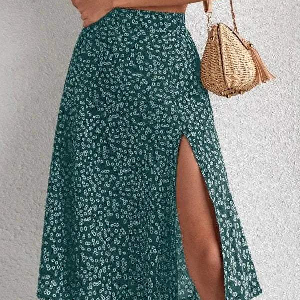 Women's Midi Skirt - High Waist - A-Line Silhouette - Floral Print - Side Slit