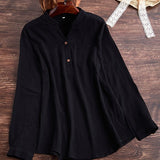 Women’s Blouse – Relaxed Fit – Long Sleeve – Soft Textured – Band Collar – Chest Pockets