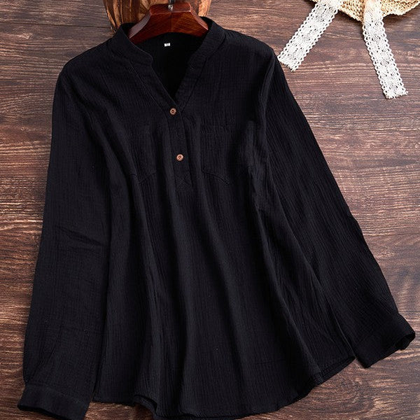 Women’s Blouse – Relaxed Fit – Long Sleeve – Soft Textured – Band Collar – Chest Pockets