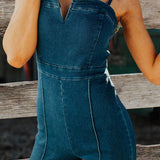 Women's Denim Jumpsuit - Sleeveless Notch Neck - Wide Leg Tailored Fit