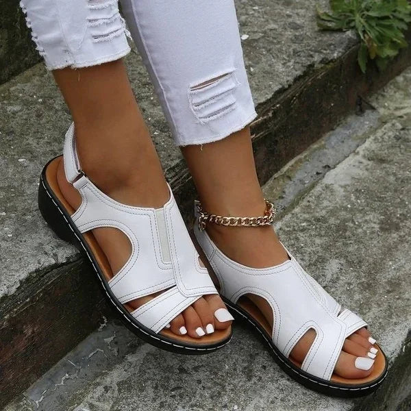 Women's Orthopedic Wedge Sandals - Synthetic Leather - Cut-Out Design - Adjustable Strap - Open Toe