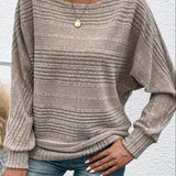 Women's Knitted Sweater - Ribbed Texture - Relaxed Fit - Wide Scoop Neck - Long Sleeves