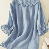 Women's cotton linen loose peter pan ruffles neck shirt