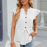 Women’s Blouse – Relaxed Fit – Eyelet Texture – Tie Waist – Notched Neck – Cap Sleeves