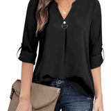 Chic v-neck blouse with rolled-up sleeves for women