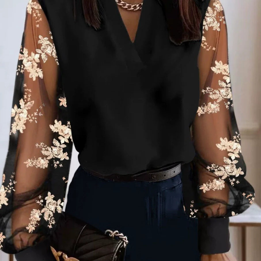 Elegant Sheer Sleeve Pearl-Studded Blouse for Women