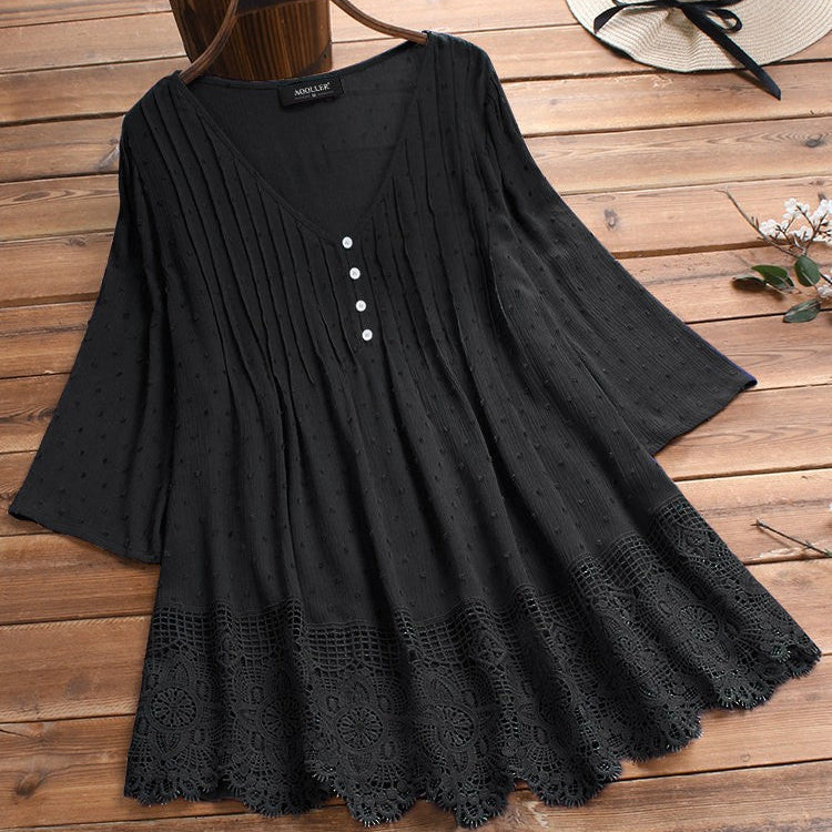 Women’s Boho Tunic Top – V-Neck – Bell Sleeves – Crochet Hem