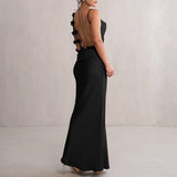 Women's Evening Prom Gown Dress - Satin Floor-Length - Backless Floral Appliqué - Form-Fitting