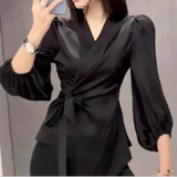 Wrap blouse with puff sleeves for women