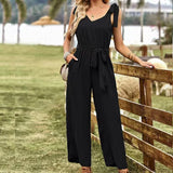 Women's Jumpsuit - V-Neck with Tie Belt - Sleeveless with Ruffle Detail - Relaxed Fit