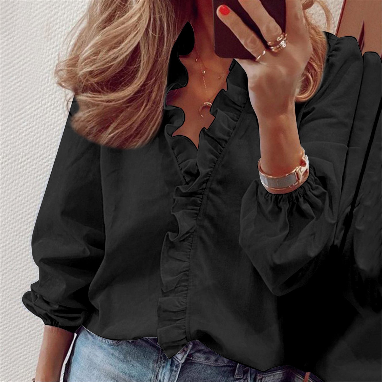 Women's Blouse - Ruffled Neckline - Tailored Fit - Three-Quarter Sleeves - Lightweight Fabric