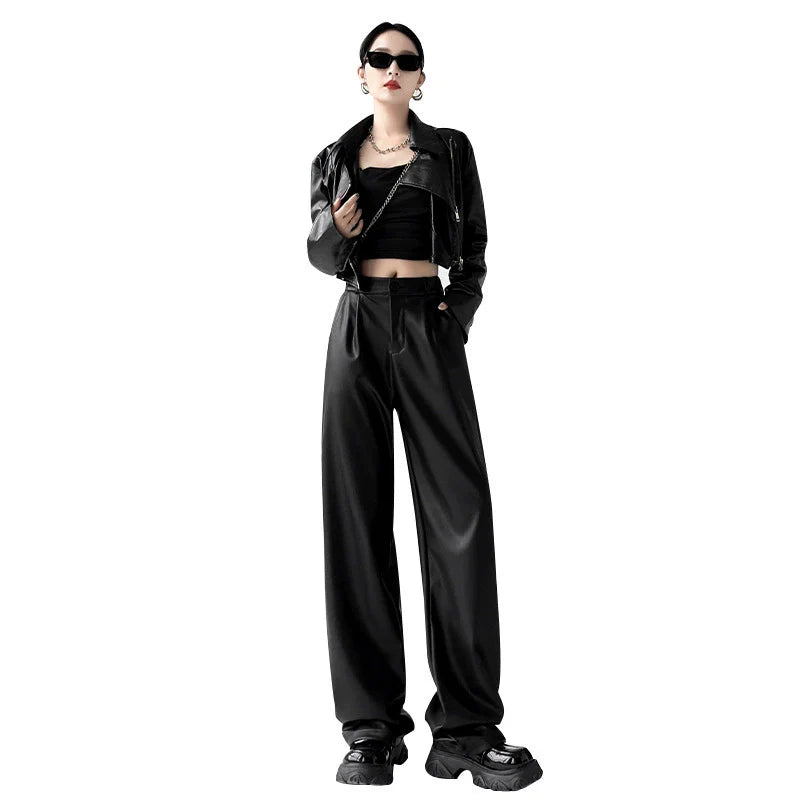 Women's High-Waisted Wide-Leg Leather Trousers - Tailored Fit - Pleated Elegant Design