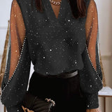 Elegant Sheer Sleeve Pearl-Studded Blouse for Women