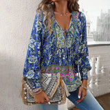 Women's Bohemian Blouse - Long Sleeve - V-Neck with Tie - Flowy Relaxed Fit
