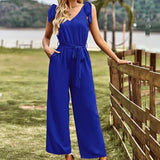 Women's Jumpsuit - V-Neck with Tie Belt - Sleeveless with Ruffle Detail - Relaxed Fit