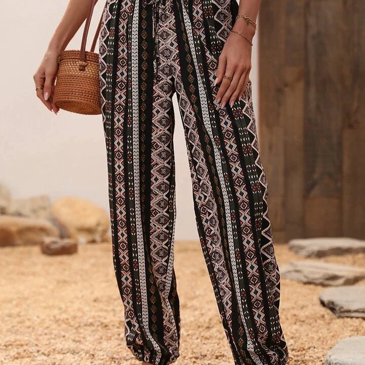Women's Harem Trousers - Bohemian Elephant Print - Loose Fit - Elastic Waist & Cuffs