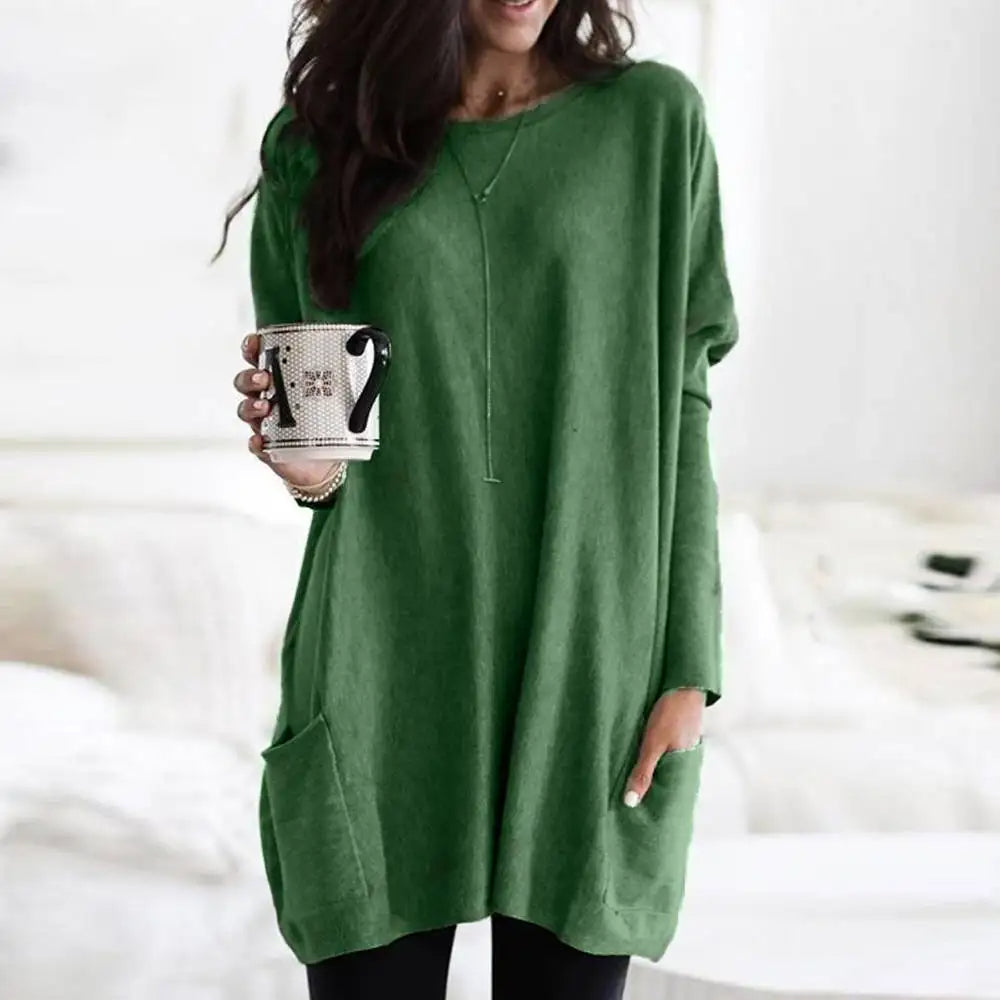Women's Oversized Sweater - Long Sleeve - Crew Neck - Soft Cotton Blend - with Pockets