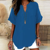 Women’s Blouse – Relaxed Fit – V-Neck – Short Sleeve – Natural Fibers – Hip Length