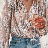 Women's blouse with sequins, v-neck, and balloon sleeves