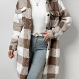 Women's plaid jacket with plush collar and buttons