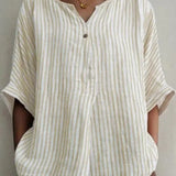 Women’s Blouse – V-Neck – Relaxed Fit – Half Sleeve – Stripe Print – Natural Fibers