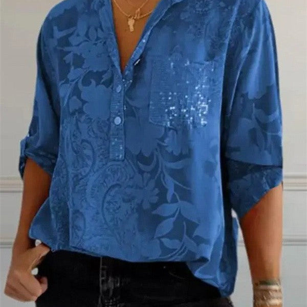 Women’s Tunic Blouse – Relaxed Fit – Long Sleeve – Floral Print – Luxury Fabric
