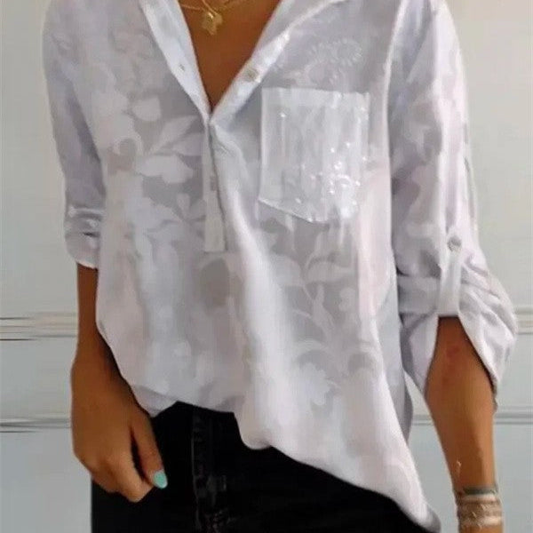 Women’s Tunic Blouse – Relaxed Fit – Long Sleeve – Floral Print – Luxury Fabric
