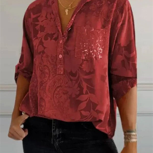 Women’s Tunic Blouse – Relaxed Fit – Long Sleeve – Floral Print – Luxury Fabric