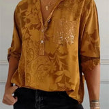 Women’s Tunic Blouse – Relaxed Fit – Long Sleeve – Floral Print – Luxury Fabric