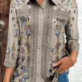 Women’s Blouse – Loose Fit – Floral Pattern – Lace Trim – Three Quarter Sleeve – Breathable Blend
