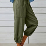 Women's Casual Trousers - Elastic Waist & Drawstring - Relaxed Fit - Buttoned Cuffs
