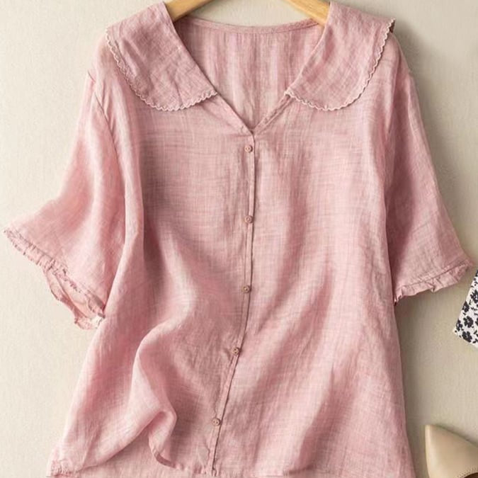 Women's cotton and linen retro short sleeved navy doll collar thin shirt
