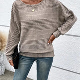 Women's Knitted Sweater - Ribbed Texture - Relaxed Fit - Wide Scoop Neck - Long Sleeves