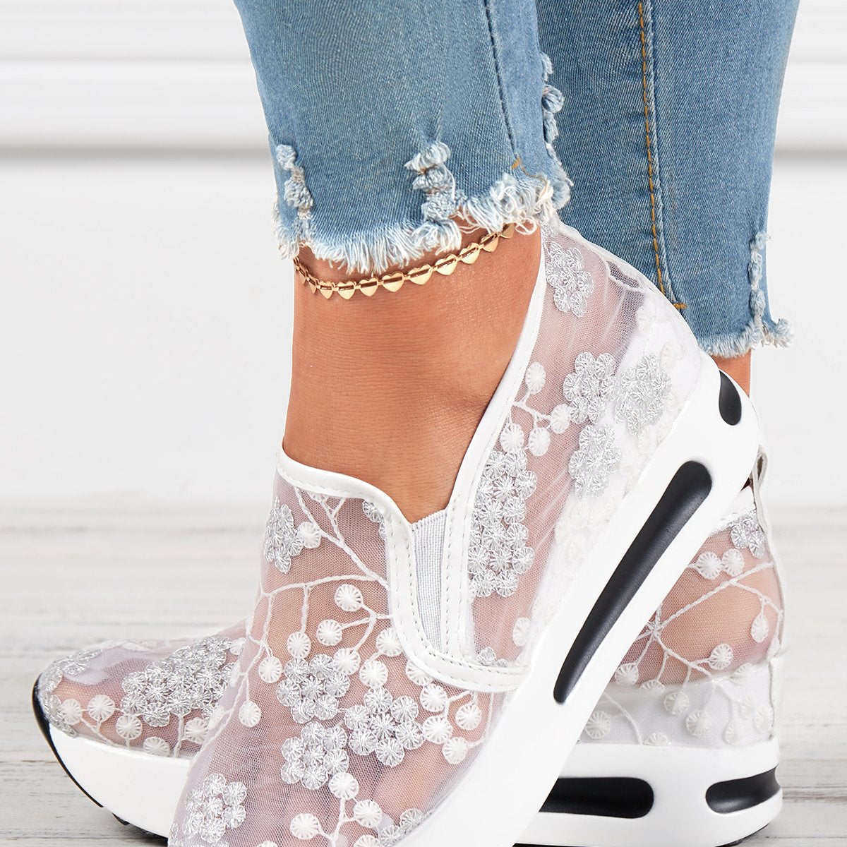 Women's Slip-On Sneakers - Sheer Mesh - Floral Embroidery - Platform Sole