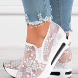 Women's Slip-On Sneakers - Sheer Mesh - Floral Embroidery - Platform Sole
