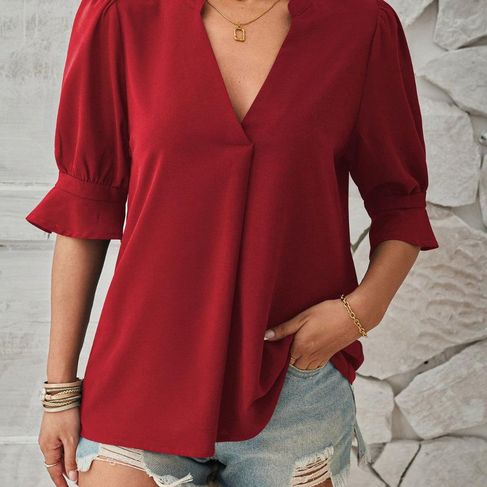 Women's Notched Neck Half Sleeve Blouse - Lightweight Casual Top