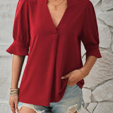 Women's Notched Neck Half Sleeve Blouse - Lightweight Casual Top