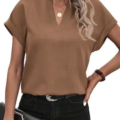 Women's Blouse - Loose Fit - V-Neck - Short Sleeve Lightweight Casual Wear