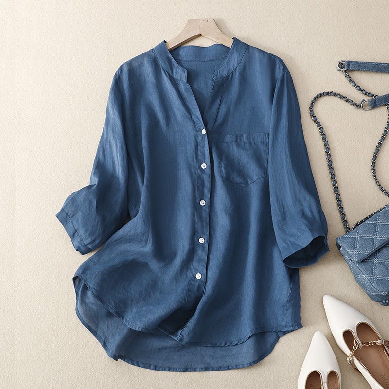 Women's casual button-down 3/4 sleeve cotton blouse