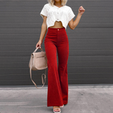 Women's Flared Trousers - High-Waisted - Vintage Bell-Bottom Style - Soft Textured Fabric
