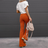 Women's Flared Trousers - High-Waisted - Vintage Bell-Bottom Style - Soft Textured Fabric
